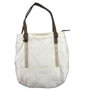 bag tote EILEEN FISHER beige canvas leather straps snap close classic 13x16x4